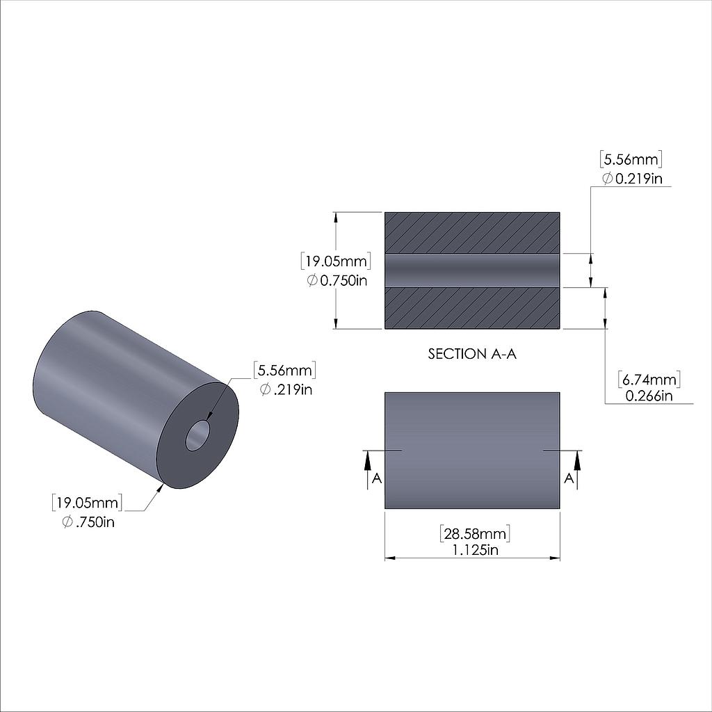 Aluminum Spacer 3/4'' OD x .219'' ID x 1-1/8'' Long, Plain Aluminum Finish