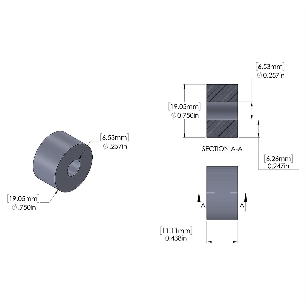 Aluminum Spacer 3/4'' OD x .257'' ID x 7/16'' Long, Plain Aluminum Finish