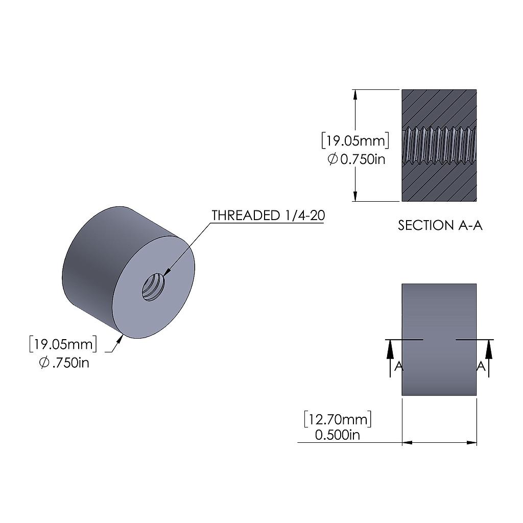 Aluminum Standoff 3/4'' OD x 1/4-20 Thread x 1/2'' Long, Plain Aluminum Finish