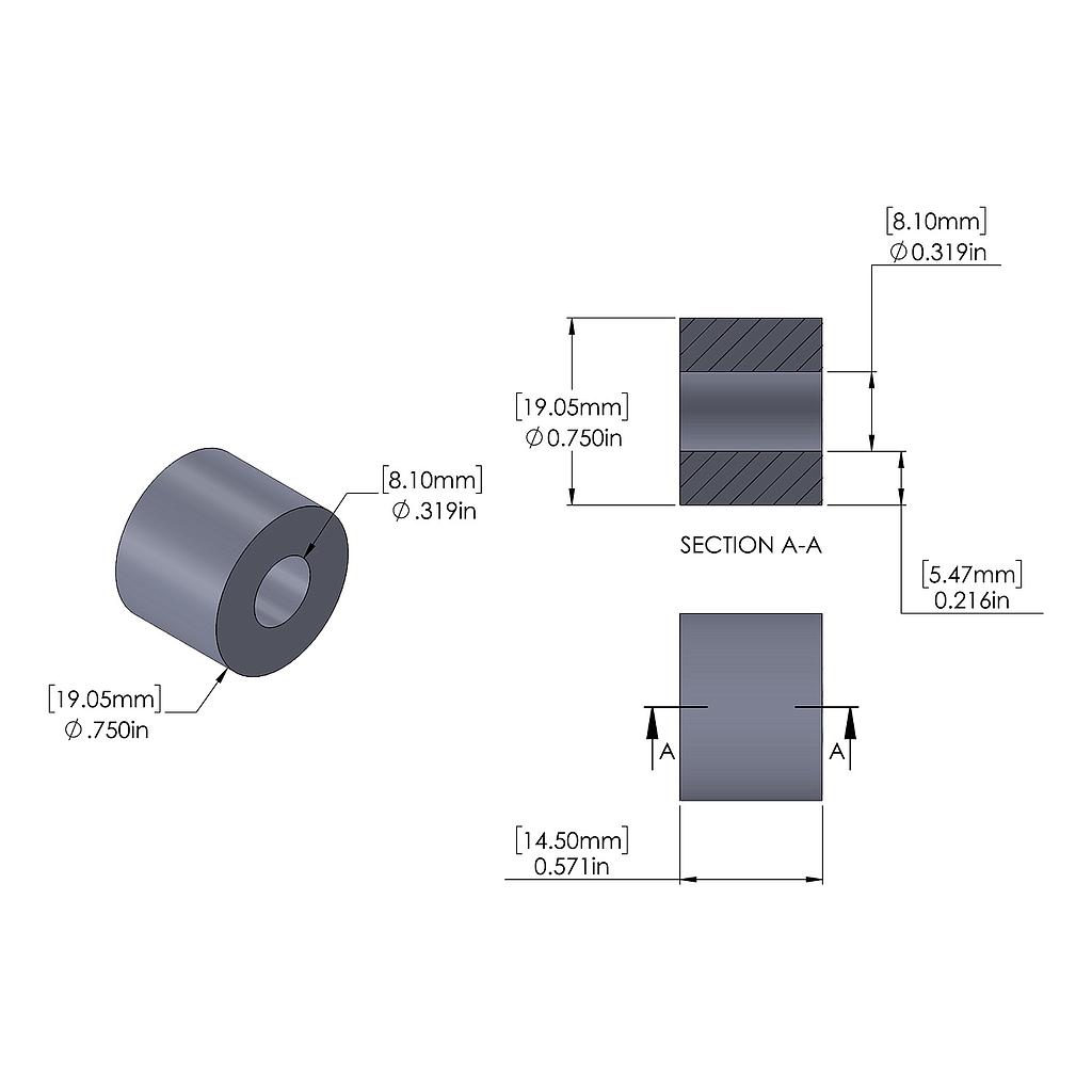 Aluminum Spacer 3/4'' OD x .319'' ID x 14.5mm Long, Plain Aluminum Finish