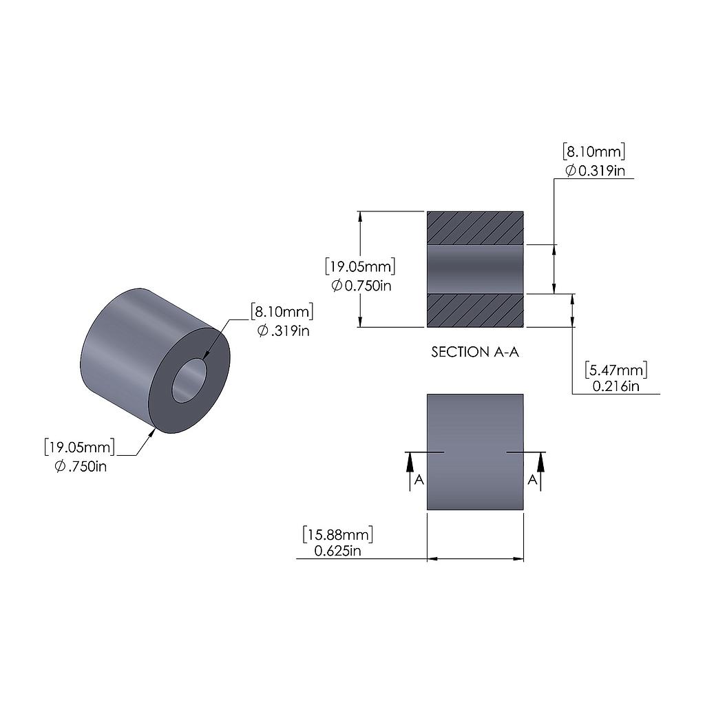 Aluminum Spacer 3/4'' OD x .319'' ID x 5/8'' Long, Plain Aluminum Finish