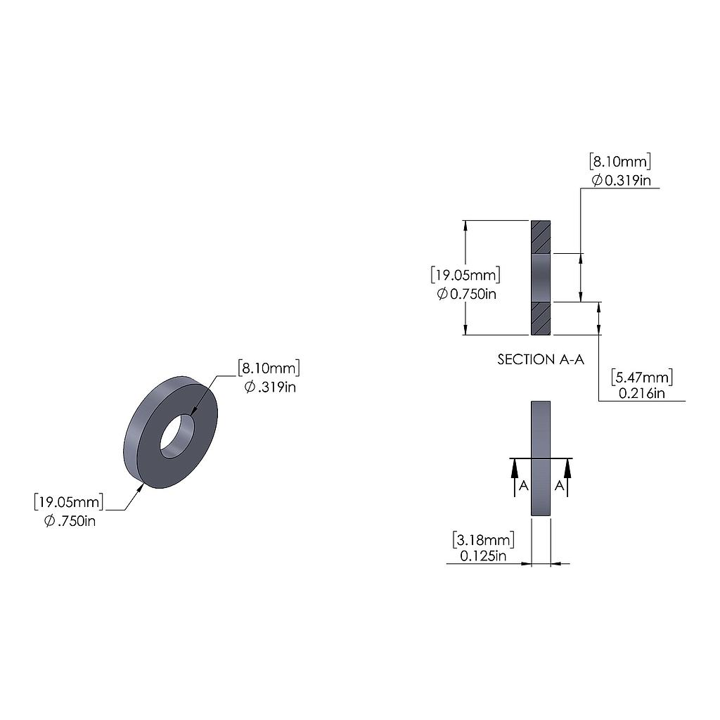 Aluminum Spacer 3/4'' OD x .319'' ID x 1/8'' Long, Plain Aluminum Finish