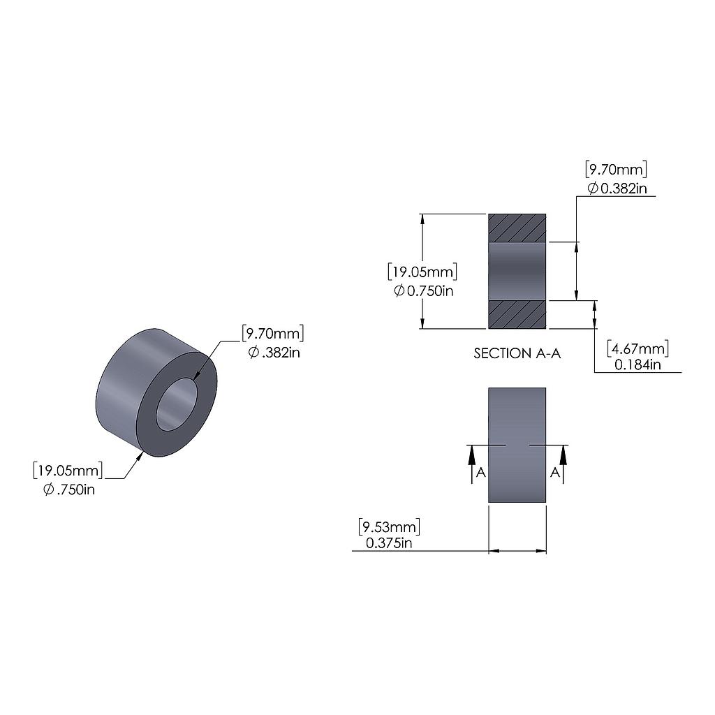 Aluminum Spacer 3/4'' OD x .382'' ID x 3/8'' Long, Plain Aluminum Finish