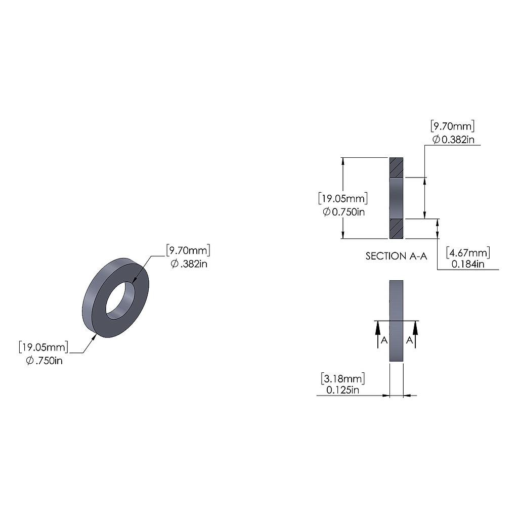 Aluminum Spacer 3/4'' OD x .382'' ID x 1/8'' Long, Plain Aluminum Finish