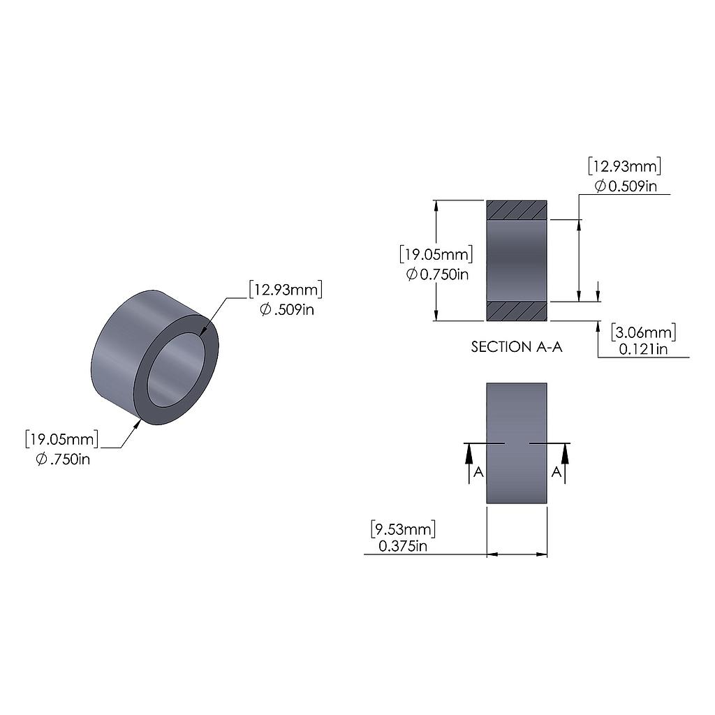 Aluminum Spacer 3/4'' OD x .509'' ID x 3/8'' Long, Plain Aluminum Finish