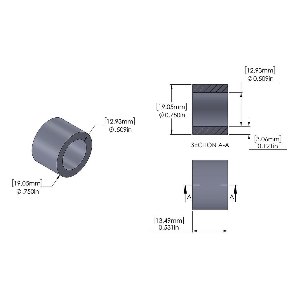 Aluminum Spacer 3/4'' OD x .509'' ID x 17/32'' Long, Plain Aluminum Finish