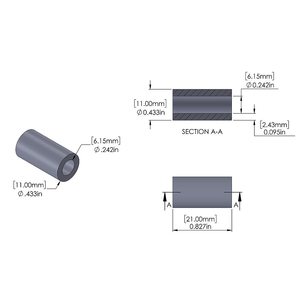 Aluminum Spacer 11.1mm OD x 6.15mm ID x 21mm Long, Plain Aluminum Finish