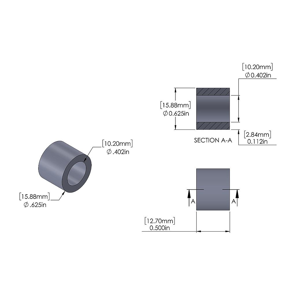 Aluminum Spacer 15.88mm OD x 10.2mm ID x 12.7mm Long, Plain Aluminum Finish