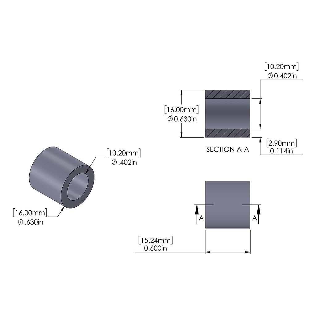 Aluminum Spacer 16mm OD x 10.2mm ID x 15.24mm Long, Plain Aluminum Finish