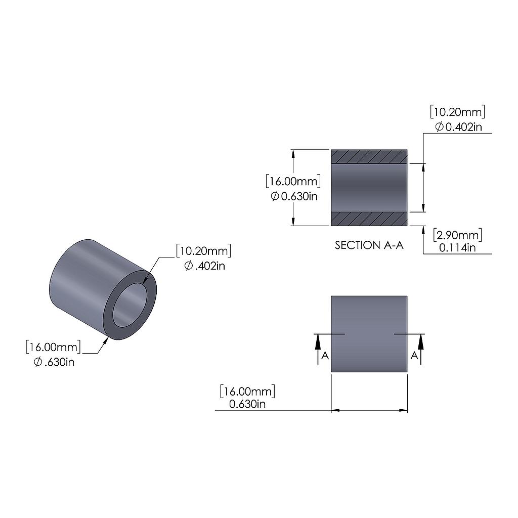 Aluminum Spacer 16mm OD x 10.2mm ID x 16mm Long, Plain Aluminum Finish