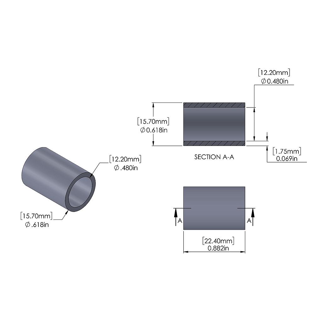 Aluminum Spacer 15.7mm OD x 12.2mm ID x 22.4mm Long, Plain Aluminum Finish