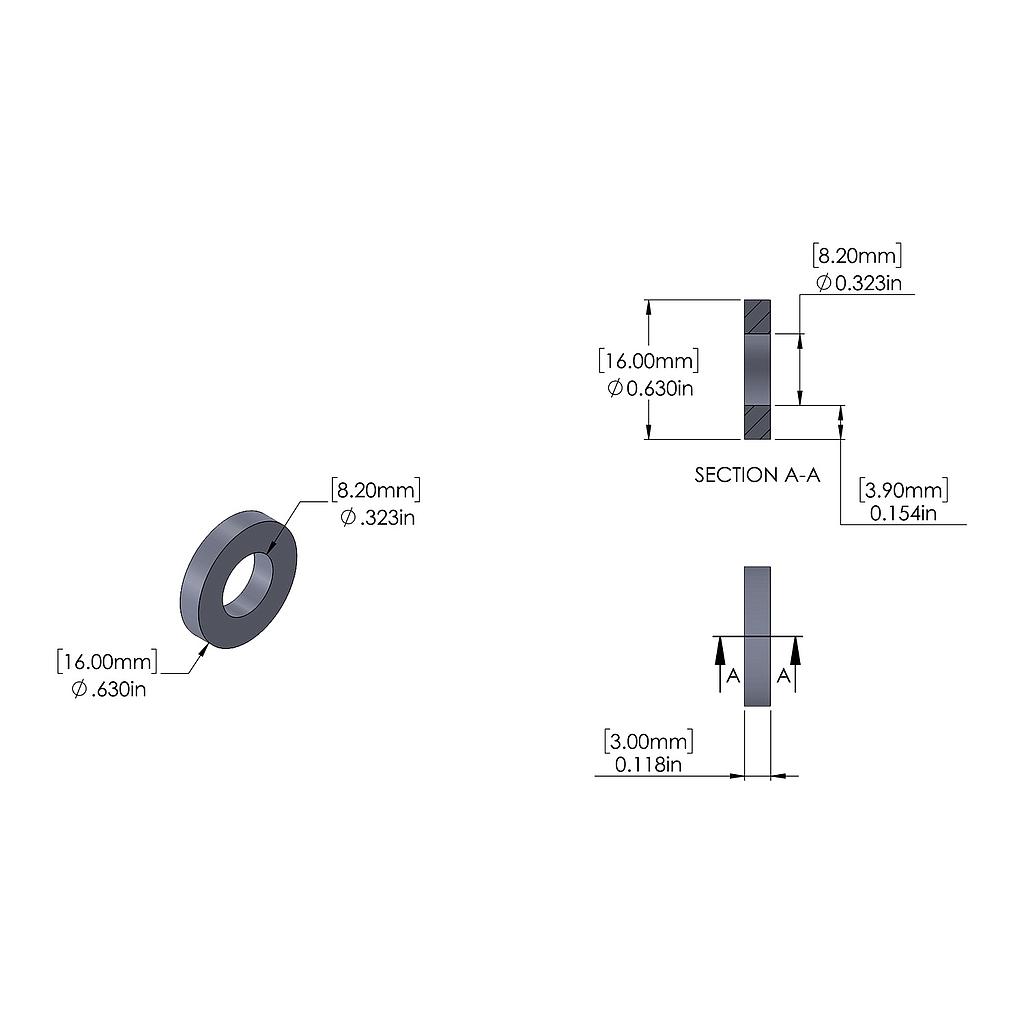 Aluminum Spacer 16mm OD x 8.2mm ID x 3mm Long, Plain Aluminum Finish