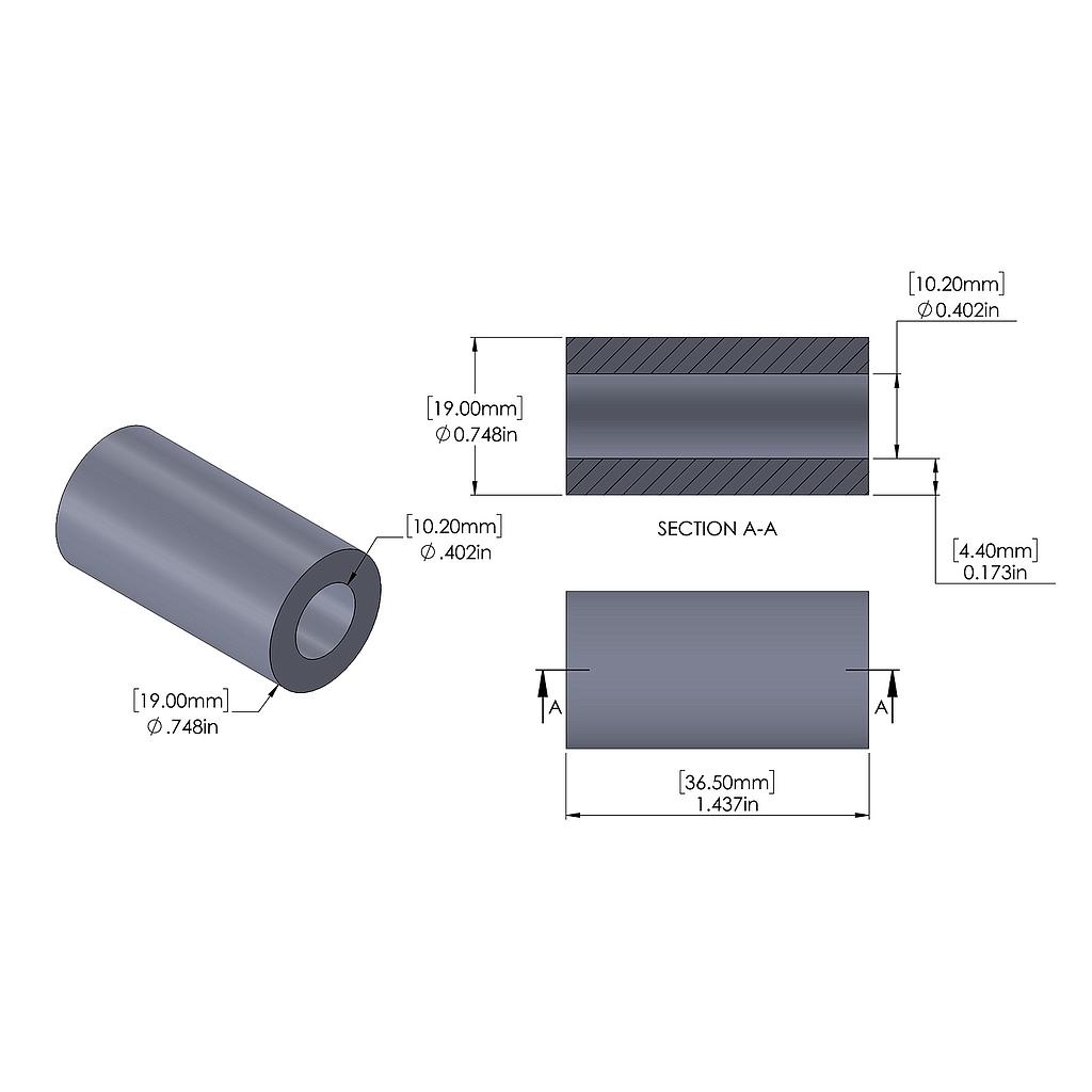 Aluminum Spacer 19mm OD x 10.2mm ID x 36.5mm Long, Plain Aluminum Finish