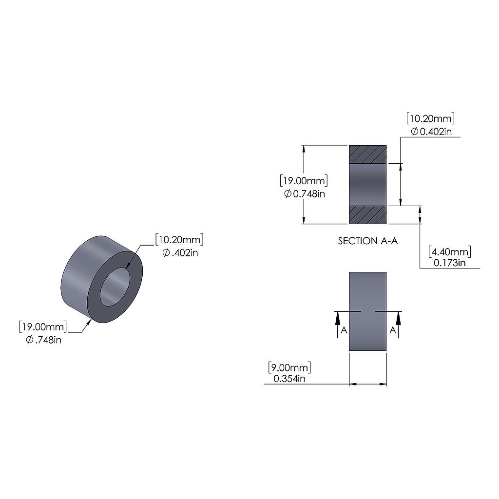 Aluminum Spacer 19mm OD x 10.2mm ID x 9mm Long, Plain Aluminum Finish