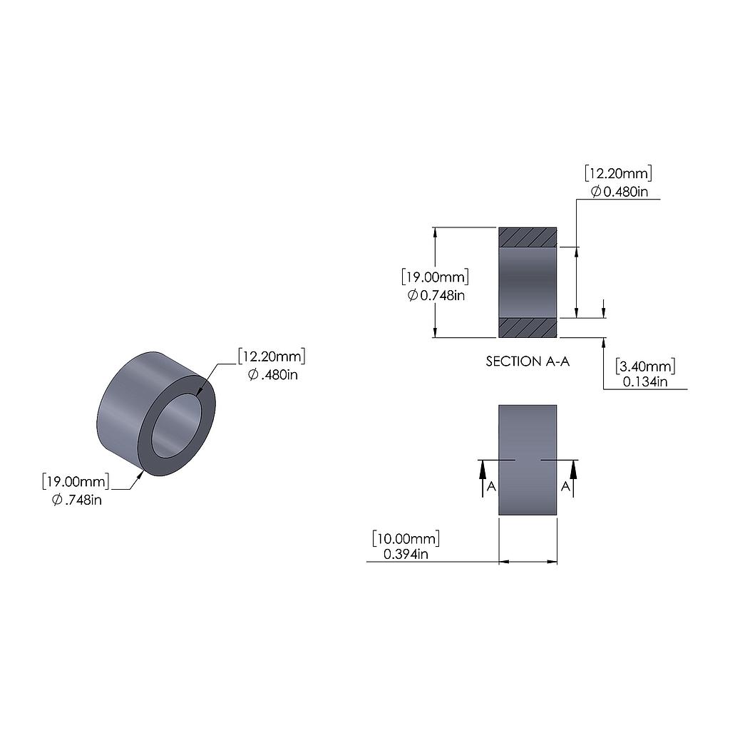 Aluminum Spacer 19mm OD x 12.2mm ID x 10mm Long, Plain Aluminum Finish