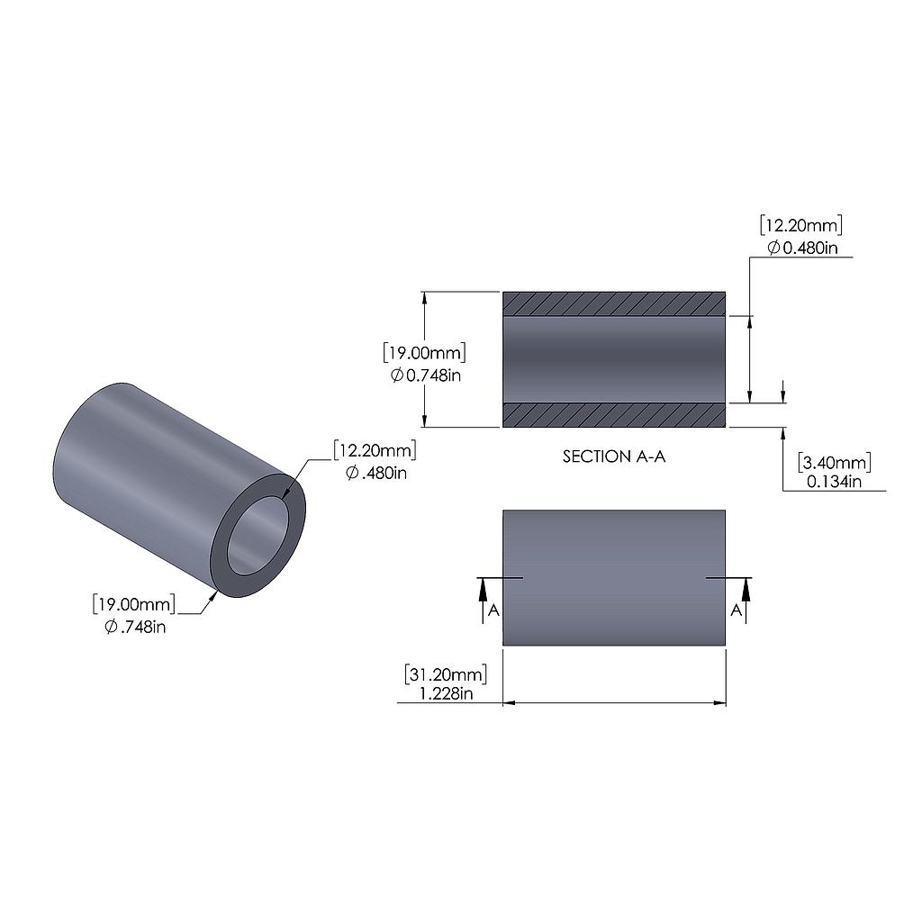 Aluminum Spacer 19mm OD x 12.2mm ID x 31.2mm Long, Plain Aluminum Finish