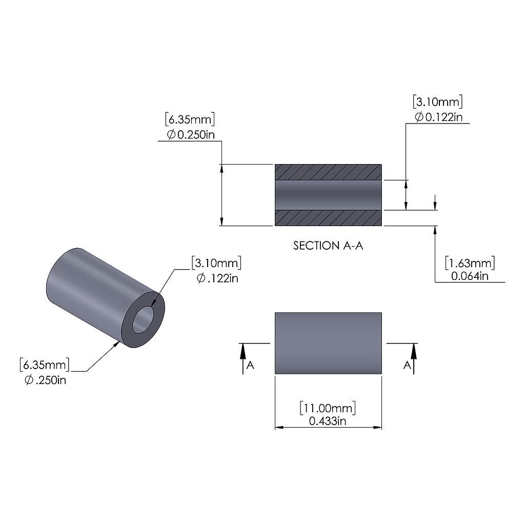 Aluminum Spacer 6.35mm OD x 3.1mm ID x 11mm Long, Plain Aluminum Finish