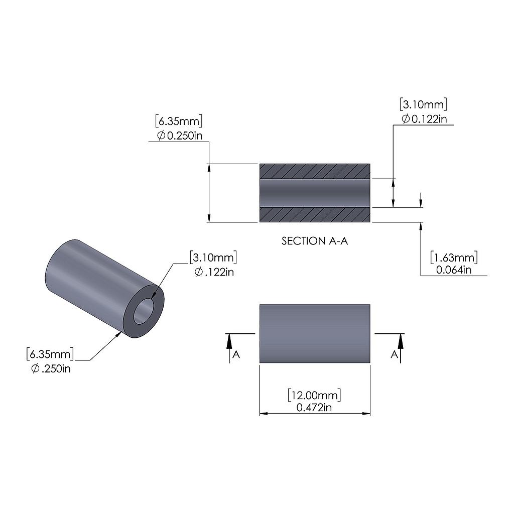 Aluminum Spacer 6.35mm OD x 3.1mm ID x 12mm Long, Plain Aluminum Finish