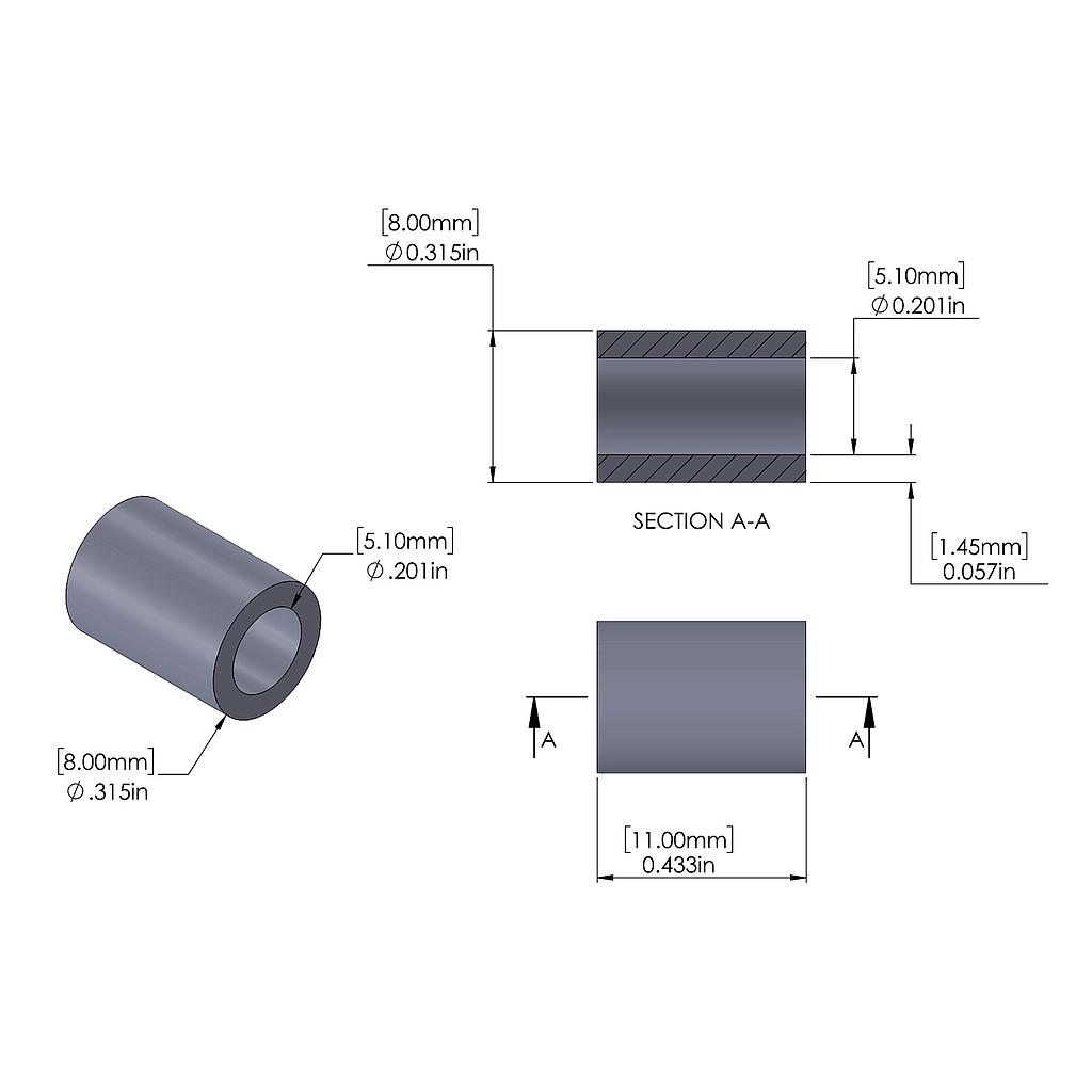 Aluminum Spacer 8mm OD x 5.1mm ID x 11mm Long, Plain Aluminum Finish