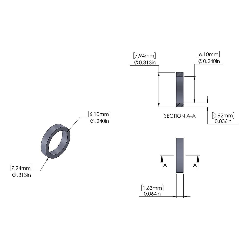 Aluminum Spacer 7.94mm OD x 6.1mm ID x 1.63mm Long, Plain Aluminum Finish