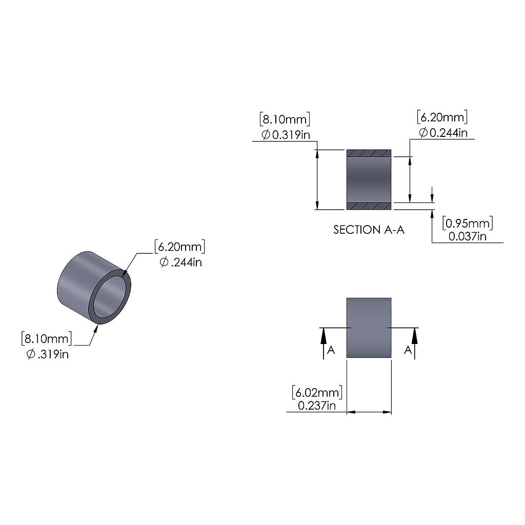 Aluminum Spacer 8.1mm OD x 6.2mm ID x 6.02mm Long, Plain Aluminum Finish