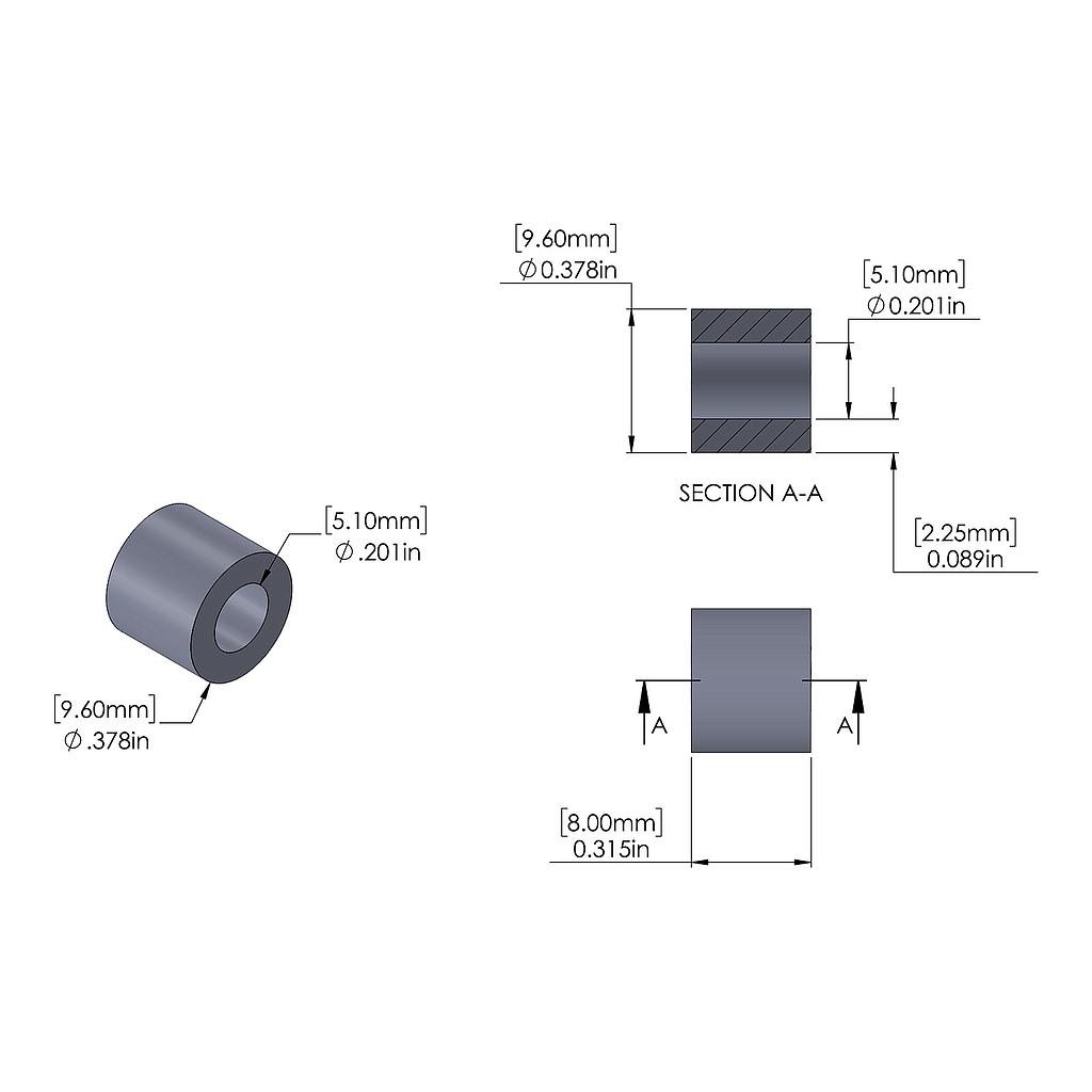 Aluminum Spacer 9.6mm OD x 5.1mm ID x 8mm Long, Plain Aluminum Finish