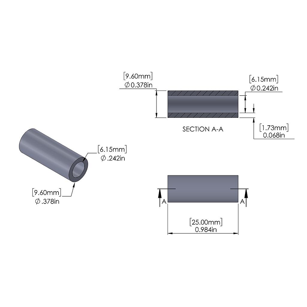 Aluminum Spacer 9.6mm OD x 6.15mm ID x 25mm Long, Plain Aluminum Finish