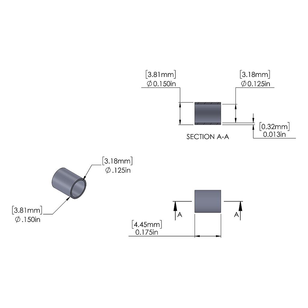 Steel Spacer .150'' OD x .125'' ID x .175'' Long, Brushed Finish