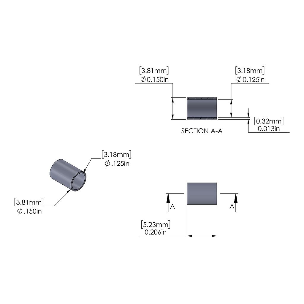 Steel Spacer .150'' OD x .125'' ID x .206'' Long, Brushed Finish