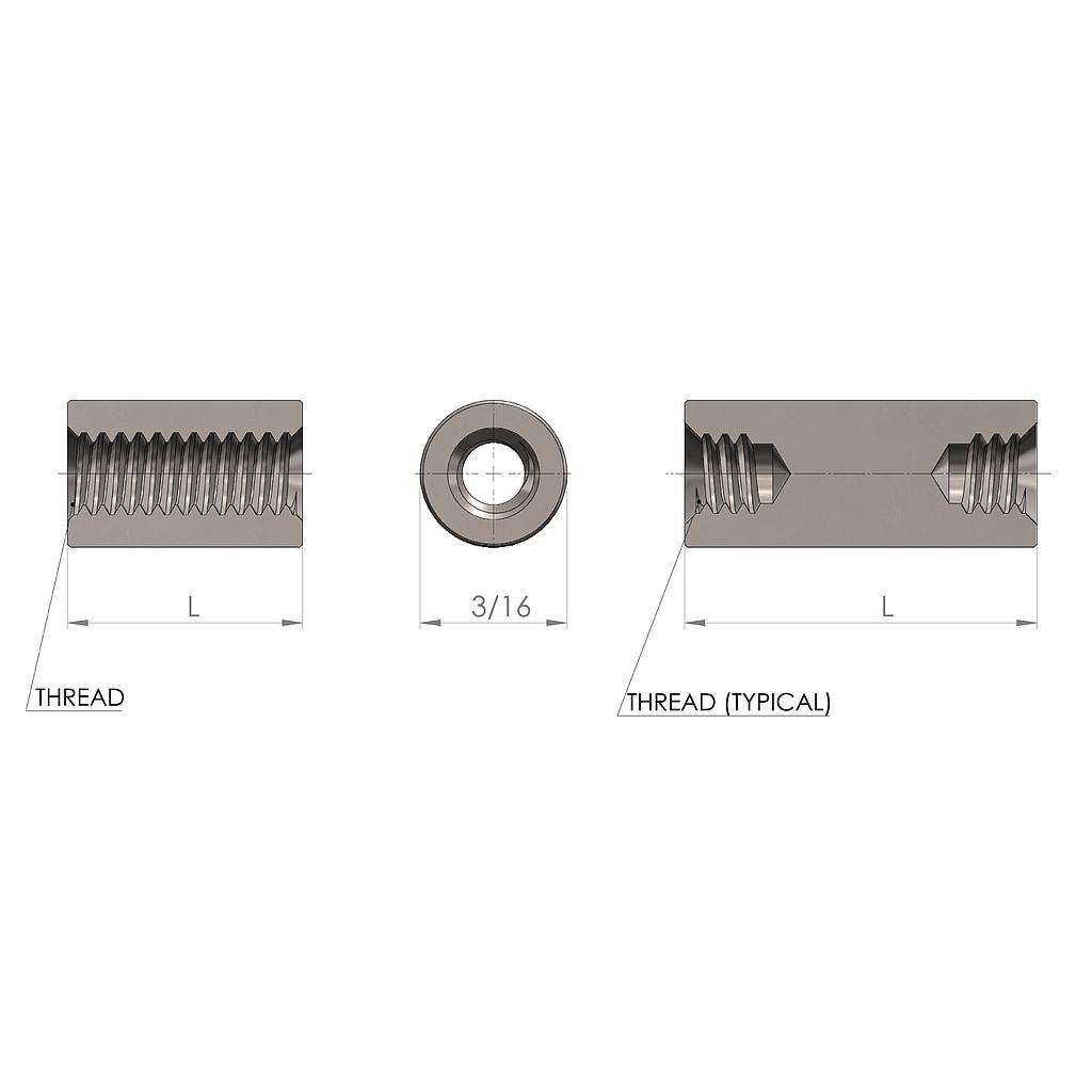 3/16'' Diameter, 1/8'' Length, Round Female to Female Standoff, 2-56 Thread, Aluminum Clear Anodize (Matte)