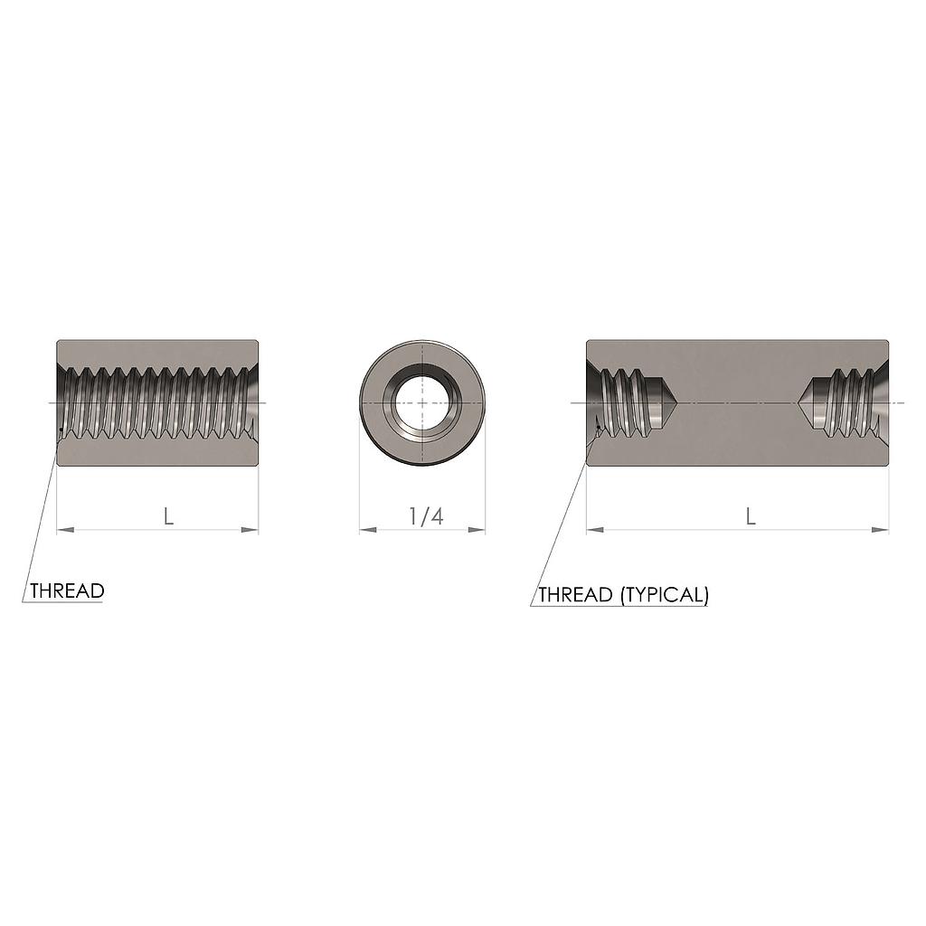 1/4'' Diameter, 1/8'' Length, Round Female to Female Standoff, 4-40 Thread, Aluminum Clear Anodize (Glossy)