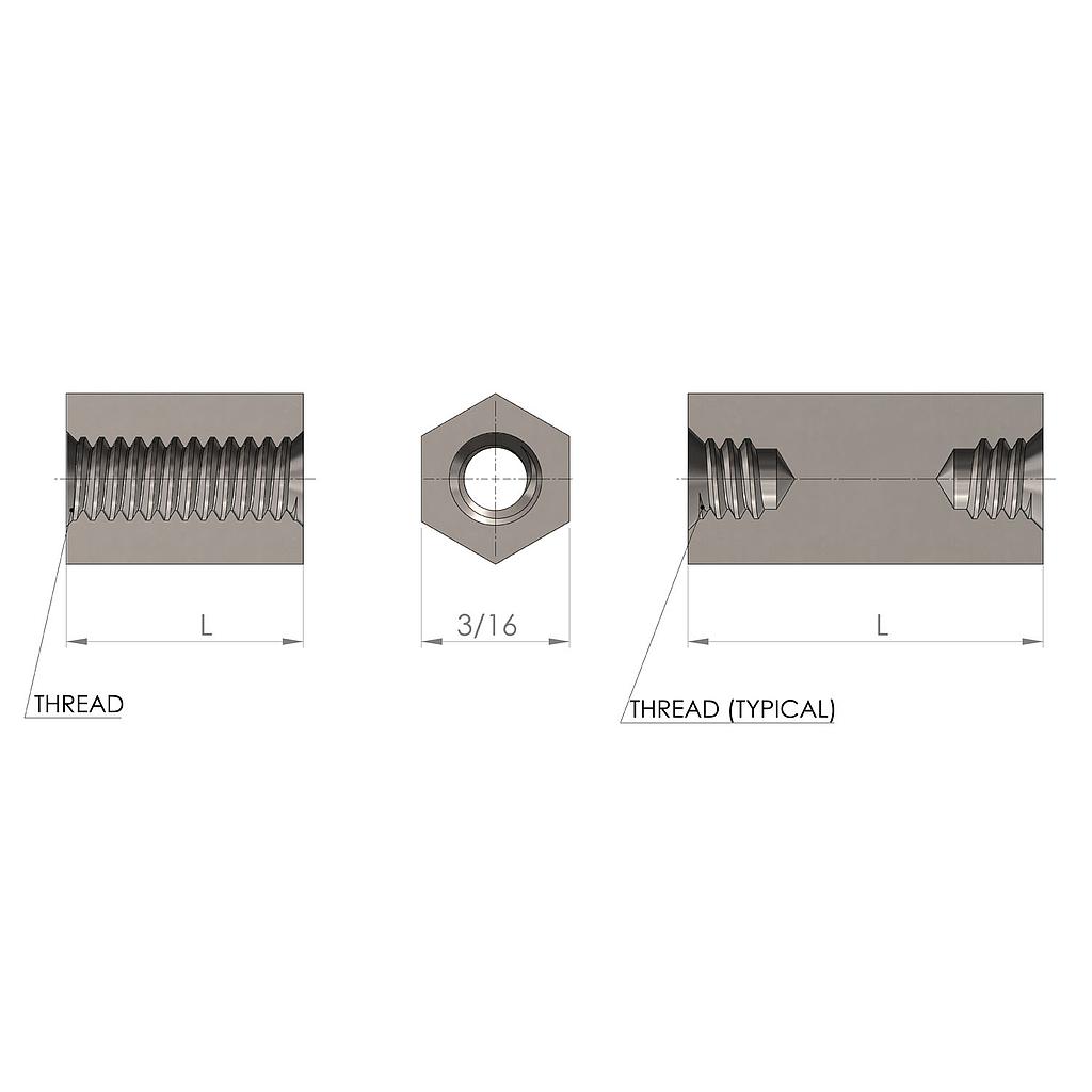 3/16'' Diameter, 1/4'' Length, Hex Female to Female Standoff, 2-56 Thread, Stainless Steel Passivation