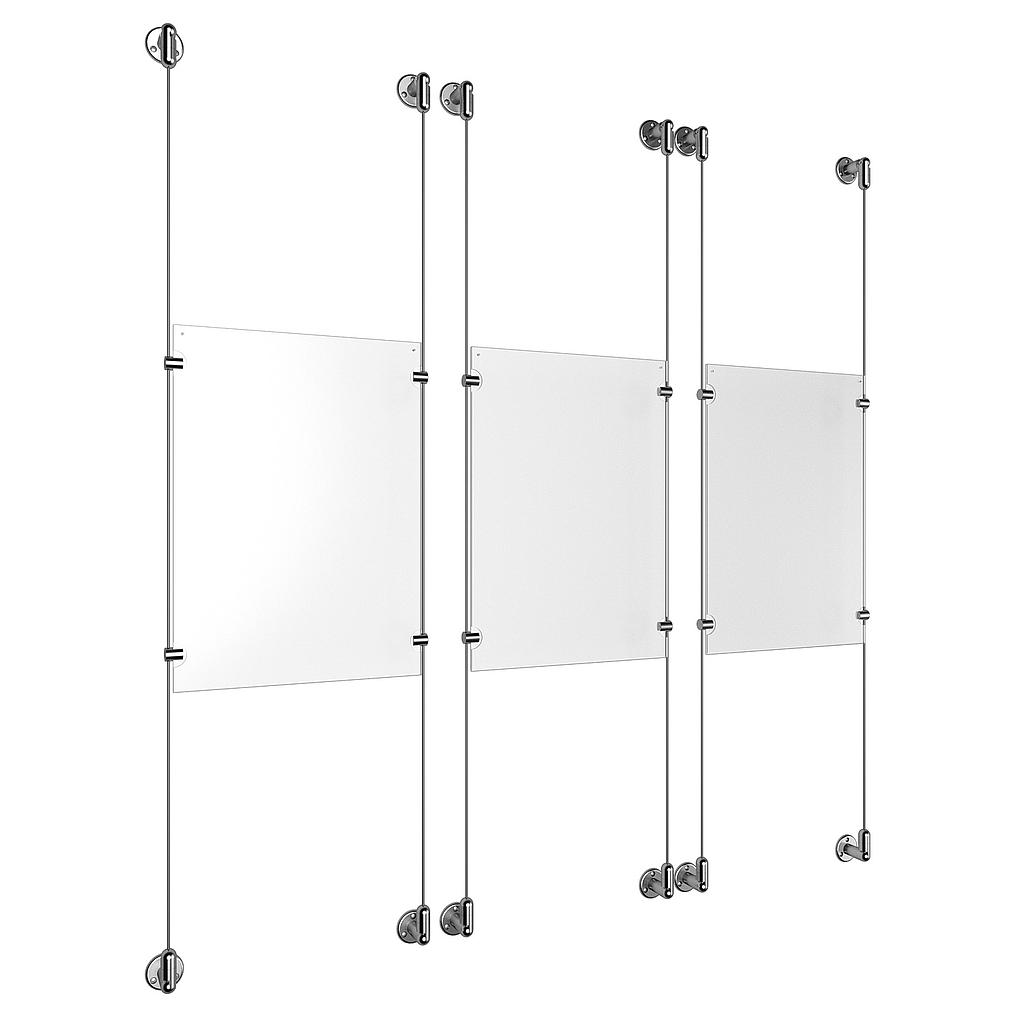 (3) 11'' Width x 17'' Height Clear Acrylic Frame & (6) Aluminum Clear Anodized Adjustable Angle Cable Systems with (12) Single-Sided Panel Grippers