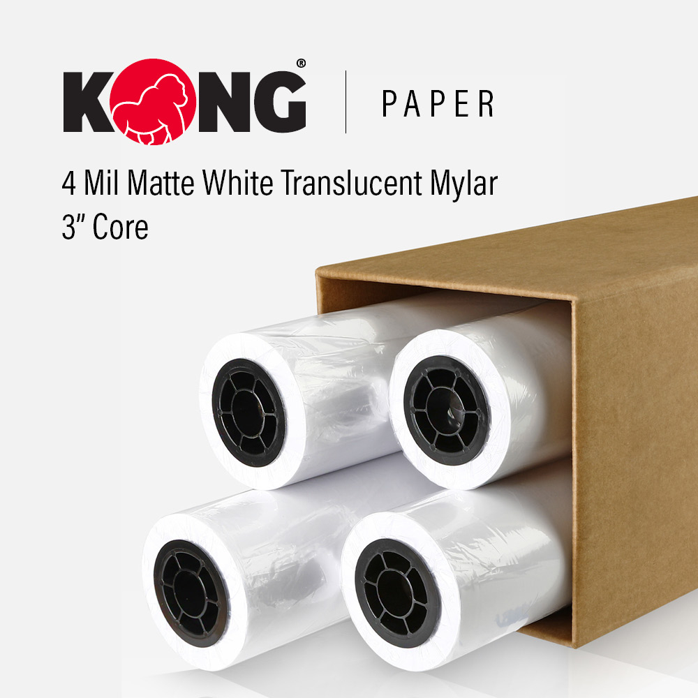 24'' x 150' Roll - 4 Mil Double Sided Matte White Translucent Mylar for Monochrome Printing on One Side for Xerographic Printer on 3'' Core (4 Pack)