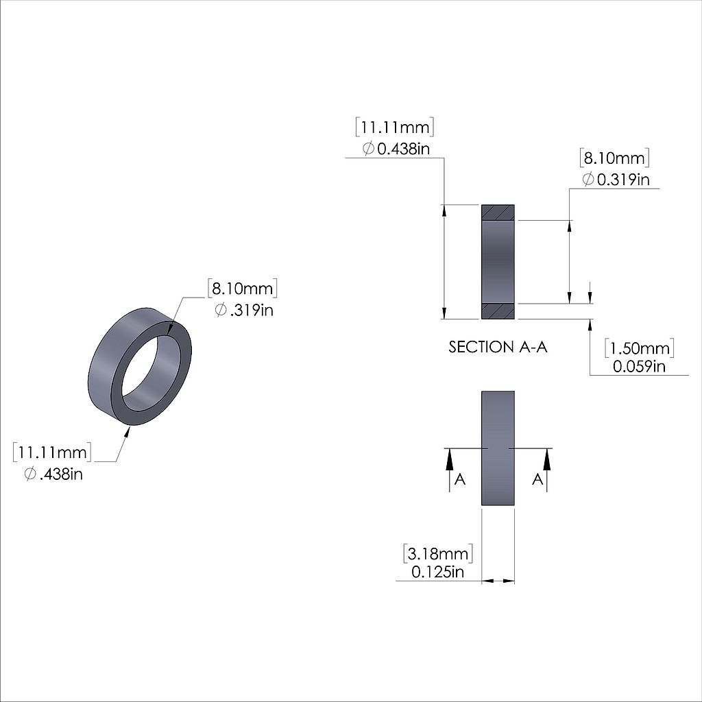 Aluminum Spacer 7/16'' OD x .319'' ID x 1/8'' Long, Plain Aluminum Finish