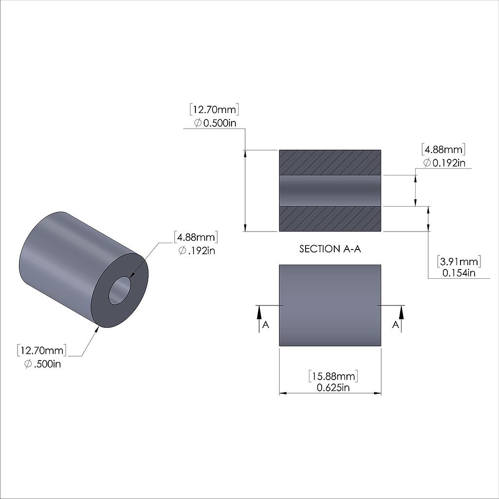 Aluminum Spacer 1/2'' OD x .192'' ID x 5/8'' Long, Plain Aluminum Finish