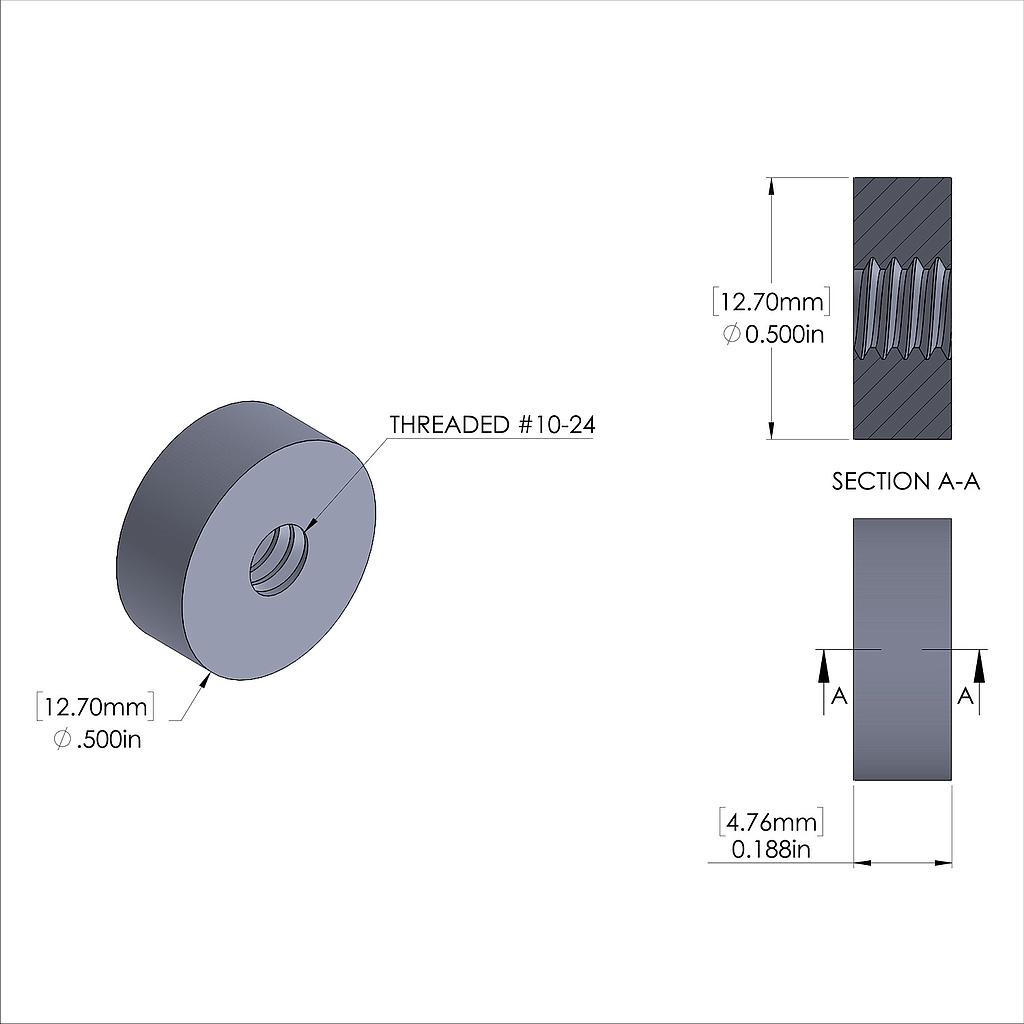 Aluminum Standoff 1/2'' OD x 10-24 Thread x 3/16'' Long, Plain Aluminum Finish