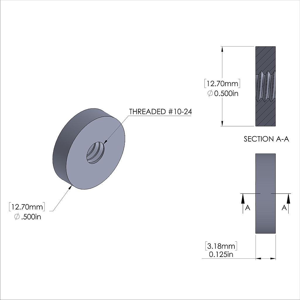 Aluminum Standoff 1/2'' OD x 10-24 Thread x 1/8'' Long, Plain Aluminum Finish