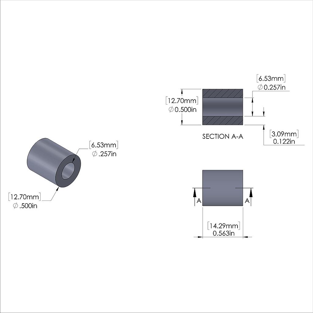 Aluminum Spacer 1/2'' OD x .257'' ID x 9/16'' Long, Plain Aluminum Finish