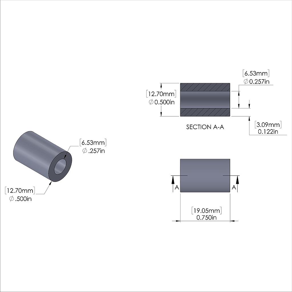 Aluminum Spacer 1/2'' OD x .257'' ID x 3/4'' Long, Plain Aluminum Finish