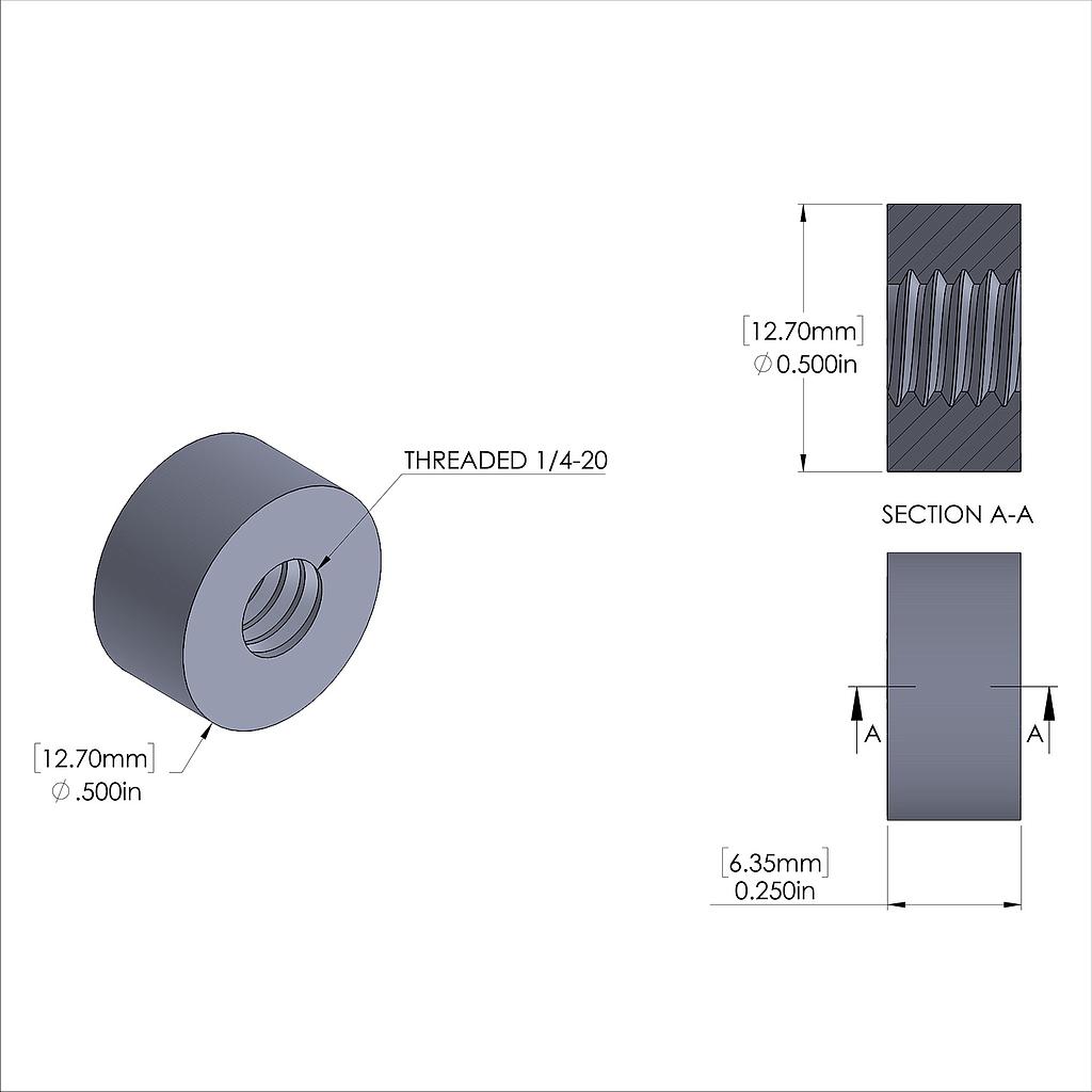 Aluminum Standoff 1/2'' OD x 1/4-20 Thread x 1/4'' Long, Plain Aluminum Finish