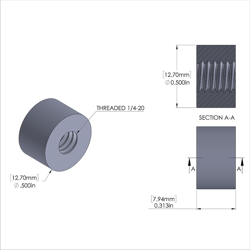 Aluminum Standoff 1/2'' OD x 1/4-20 Thread x 5/16'' Long, Plain Aluminum Finish