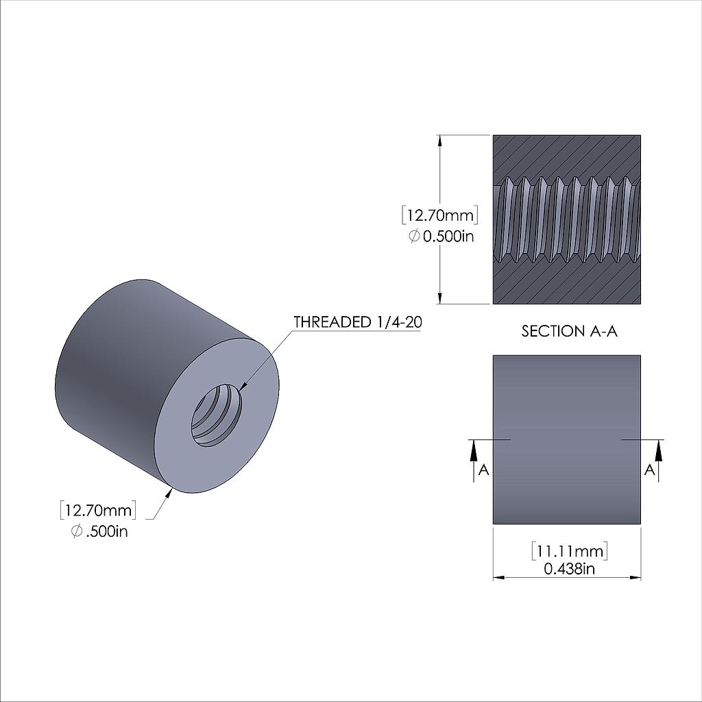 Aluminum Standoff 1/2'' OD x 1/4-20 Thread x 7/16'' Long, Black Anodized Finish