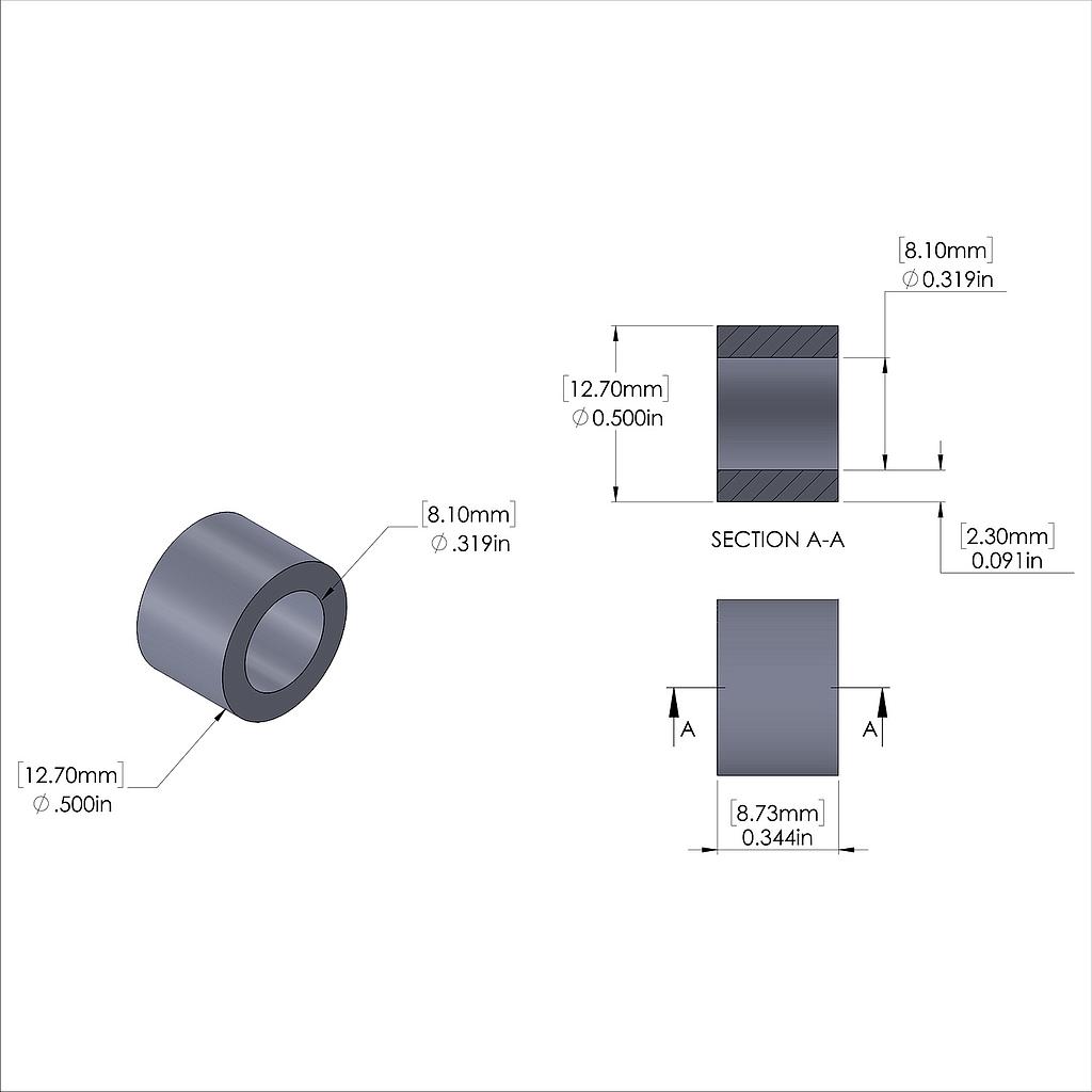 Aluminum Spacer 1/2'' OD x .319'' ID x 11/32'' Long, Black Anodized Finish