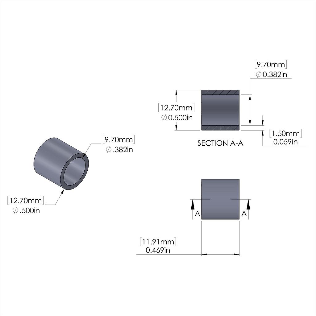 Aluminum Spacer 1/2'' OD x .382'' ID x 15/32'' Long, Plain Aluminum Finish