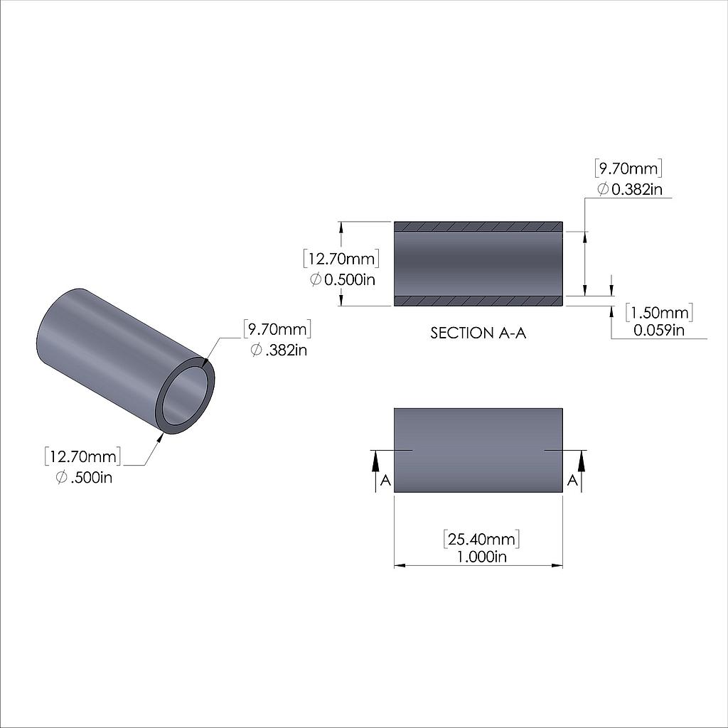 Aluminum Spacer 1/2'' OD x .382'' ID x 1.000'' Long, Plain Aluminum Finish