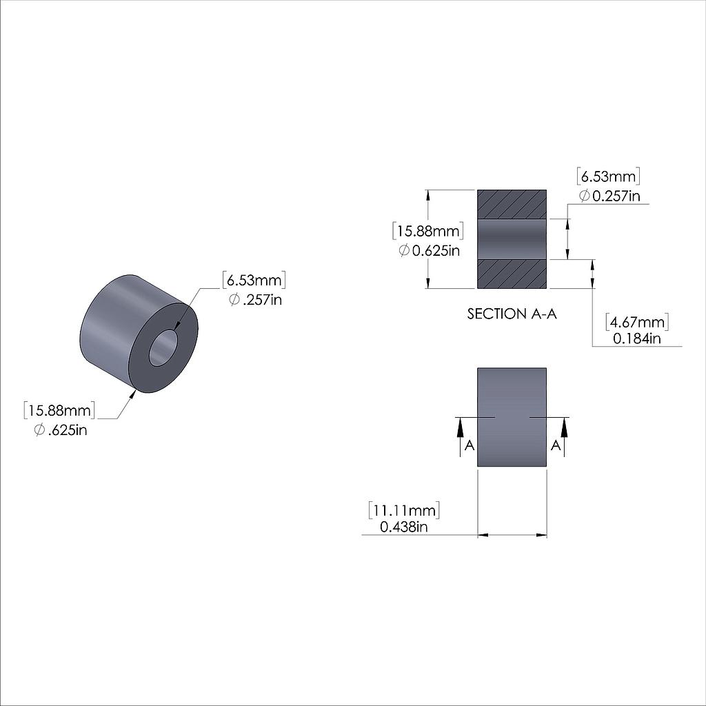 Aluminum Spacer 5/8'' OD x .257'' ID x 7/16'', Clear Anodized Finish