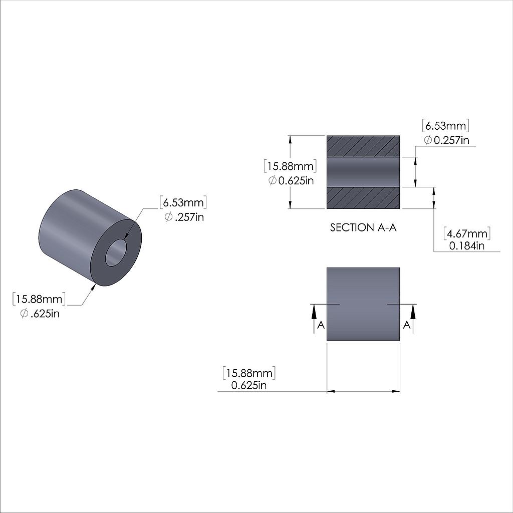 Aluminum Spacer 5/8'' OD x .257'' ID x 5/8'' Long, Plain Aluminum Finish