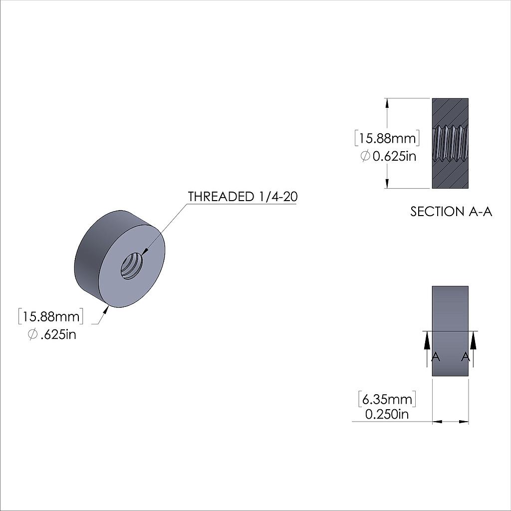 Aluminum Standoff 5/8'' OD x 1/4-20 Thread x 1/4'' Long, Plain Aluminum Finish