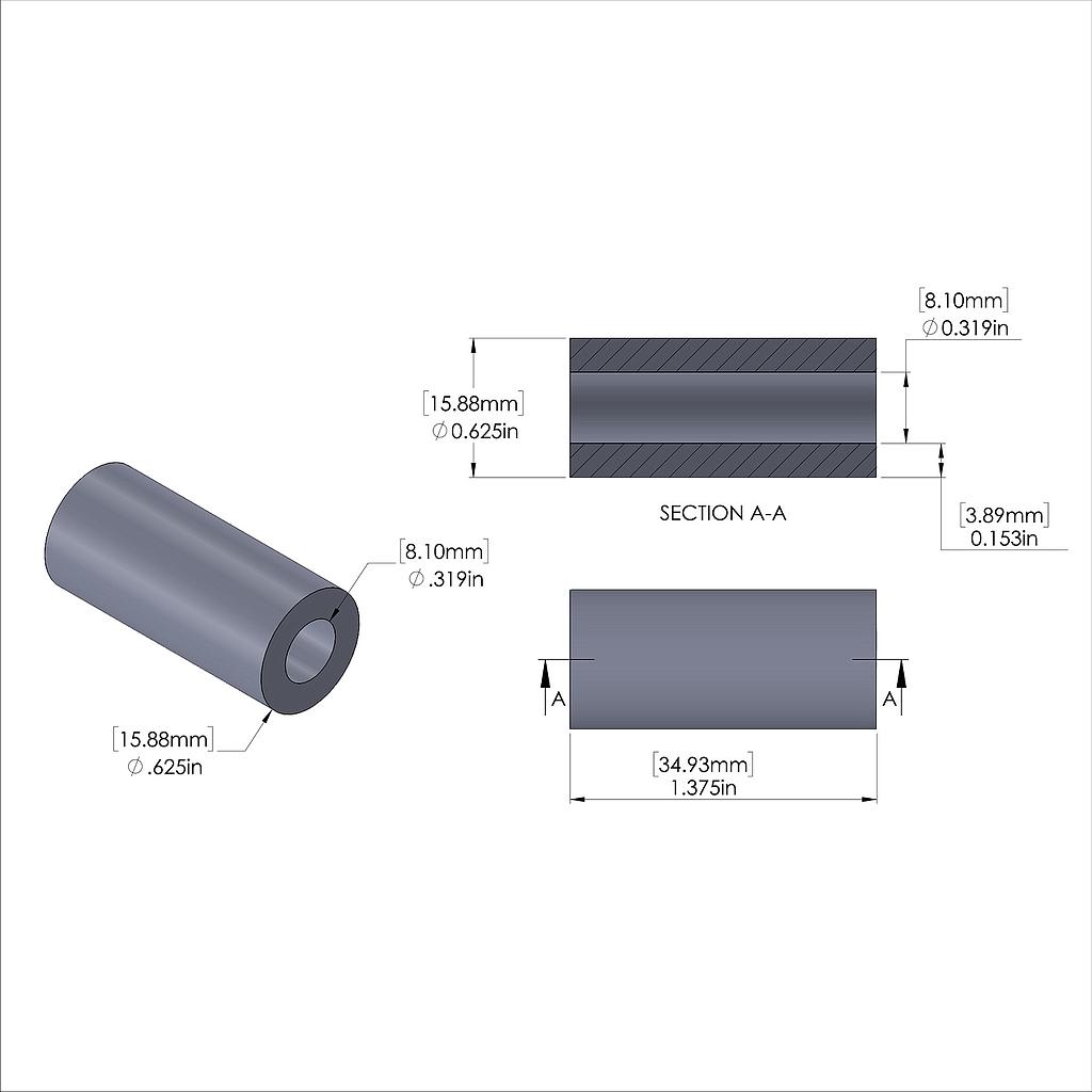 Aluminum Spacer 5/8'' OD x .319'' ID x 1-3/8'' Long, Plain Aluminum Finish